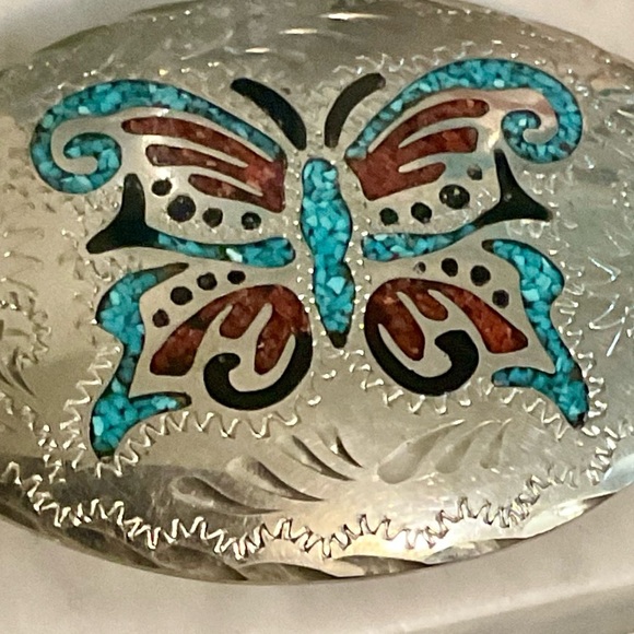 Vintage Silver,red & blue turquoise inlay Butterfly Buckle,marked CB hippie - Picture 3 of 6